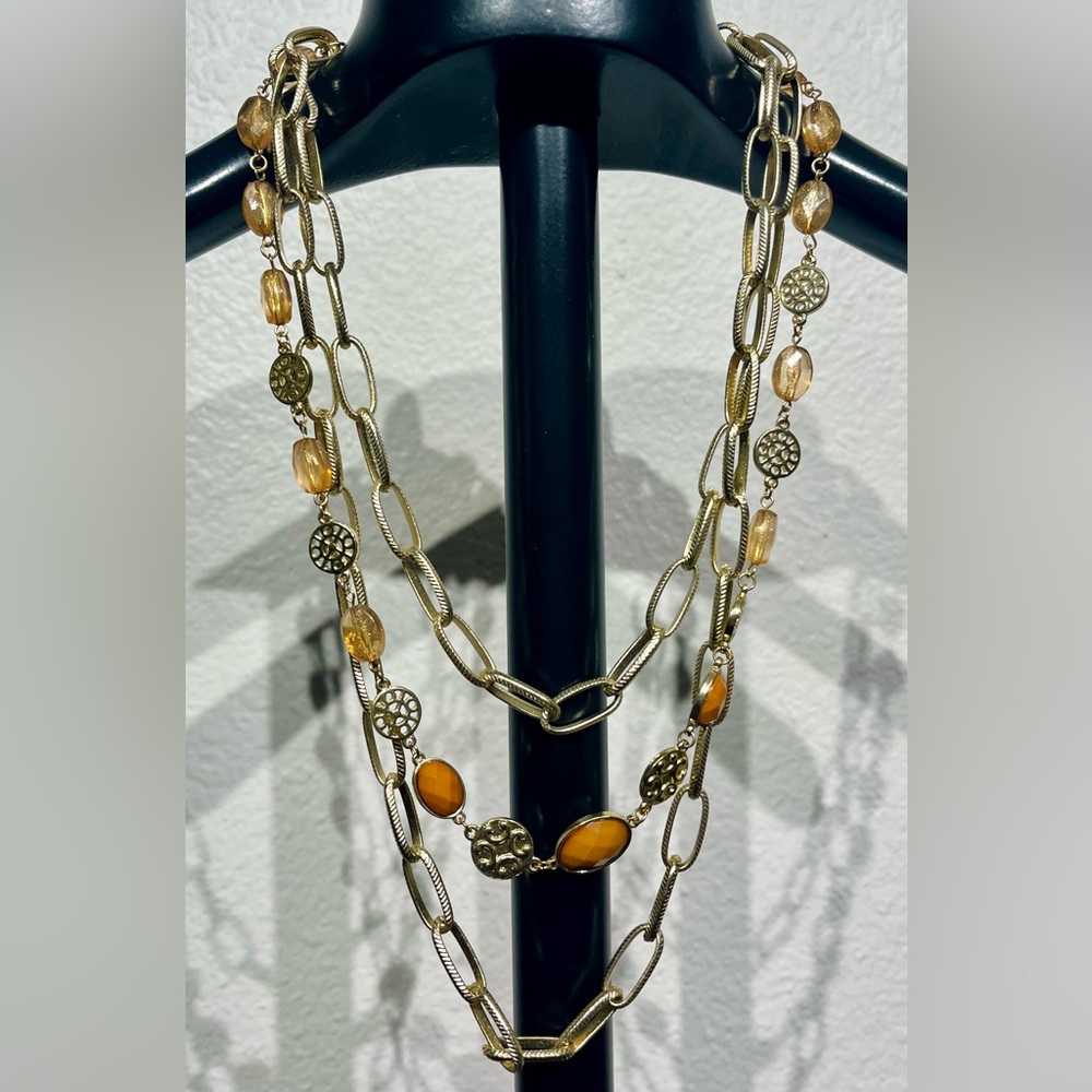 Vintage Orange and Gold Tone Three-tiered Statement Necklace